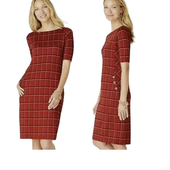 J. Jill Women's XL Ponte Dress Sepia Burgundy Plaid Pockets :) Stretch Business - Picture 14 of 14